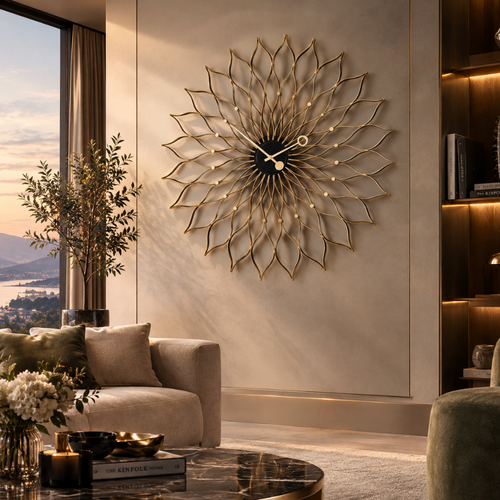 Golden Lotus Floral Wall Clock