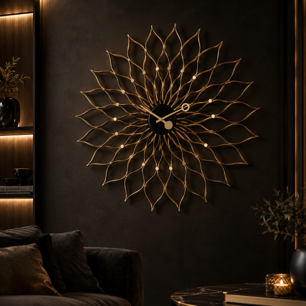 Golden Lotus Floral Wall Clock